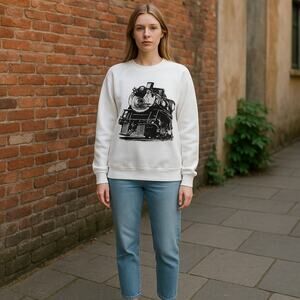 Vintage Train Locomotive Graphic Sweatshirt Railroad Enthusiast White Pullover